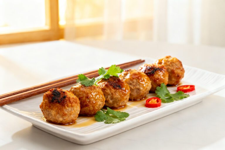 Air fryer Asian meatballs with juicy browned meatballs, a glossy savory glaze, fresh cilantro, sliced red chili peppers, and chopsticks, served as a flavorful appetizer or weeknight dinner.