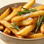 Air fryer keto fries with crispy golden low carb fries, fresh rosemary sprigs, and flaky sea salt, served as a crunchy keto friendly side dish or snack.