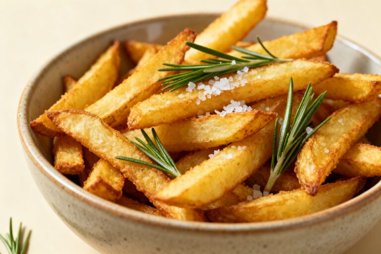 Air fryer keto fries with crispy golden low carb fries, fresh rosemary sprigs, and flaky sea salt, served as a crunchy keto friendly side dish or snack.