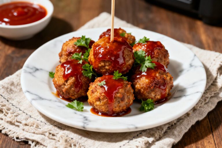 Air fryer BBQ meatballs with juicy browned meatballs coated in a rich barbecue sauce, fresh parsley garnish, and extra sauce drizzled on top, served as an easy appetizer or weeknight dinner.
