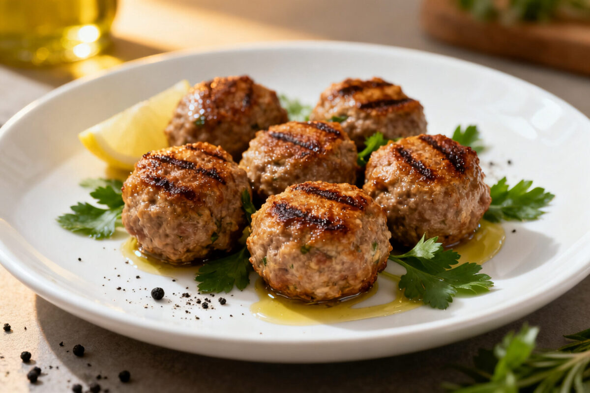 Air fryer keto meatballs with juicy browned meatballs, fresh parsley, cracked black pepper, olive oil, and a lemon wedge, served as a high protein low carb dinner.