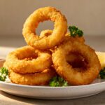 Air fryer gluten free onion rings with a crispy golden gluten free coating, tender sweet onion centers, fresh parsley garnish, and lemon wedges, served as a crunchy appetizer or side dish.