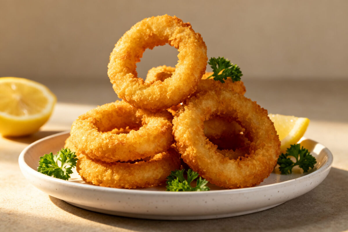 Air fryer gluten free onion rings with a crispy golden gluten free coating, tender sweet onion centers, fresh parsley garnish, and lemon wedges, served as a crunchy appetizer or side dish.