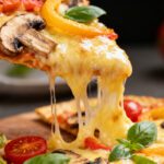Air fryer keto low carb tortilla pizza with a crispy golden tortilla crust, melted cheese, mushrooms, bell peppers, olives, basil, and stretchy mozzarella, served as a quick low carb meal.