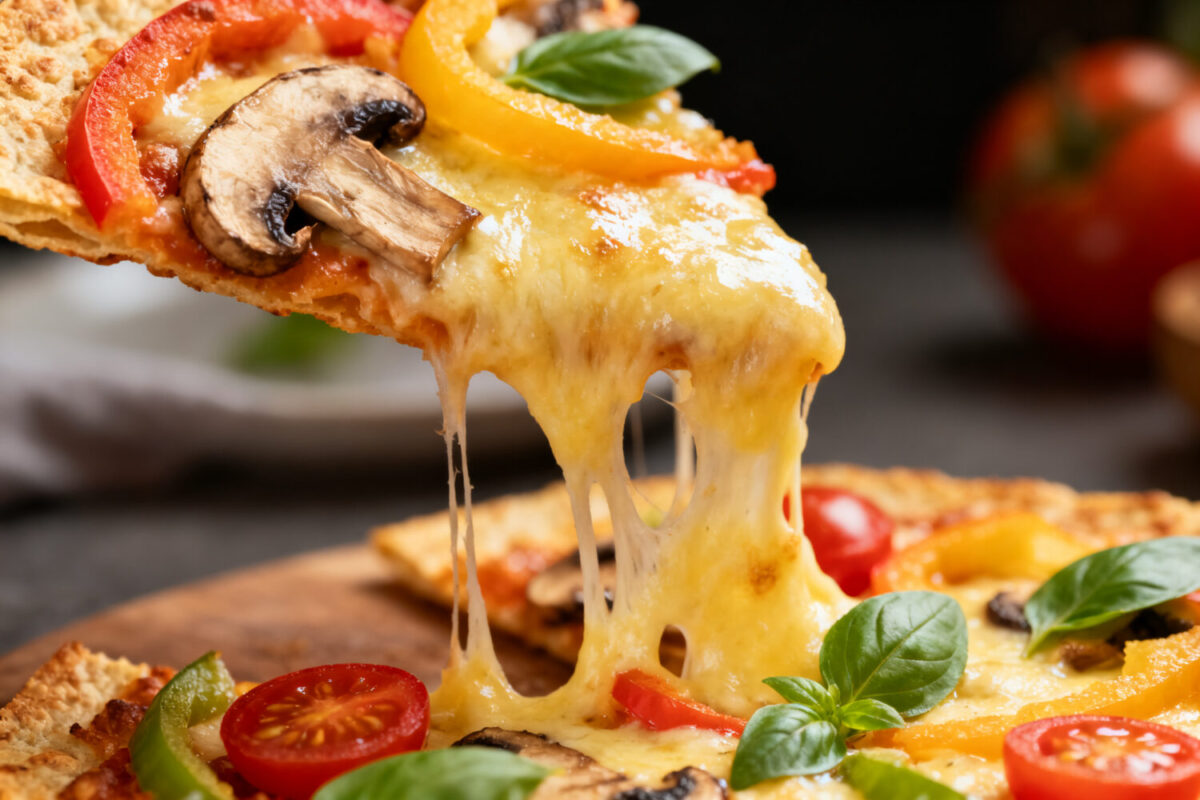 Air fryer keto low carb tortilla pizza with a crispy golden tortilla crust, melted cheese, mushrooms, bell peppers, olives, basil, and stretchy mozzarella, served as a quick low carb meal.