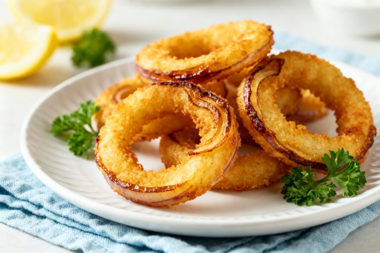 Air fryer easy onion rings with a crispy golden coating, tender sweet onion centers, fresh parsley garnish, and lemon wedges, served as a crunchy appetizer or flavorful side dish.
