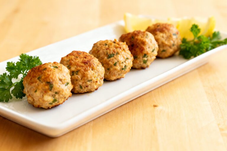 Air fryer healthy turkey meatballs with juicy lean turkey meatballs, fresh parsley, and lemon wedges, served as a high protein meal prep friendly lunch or dinner.