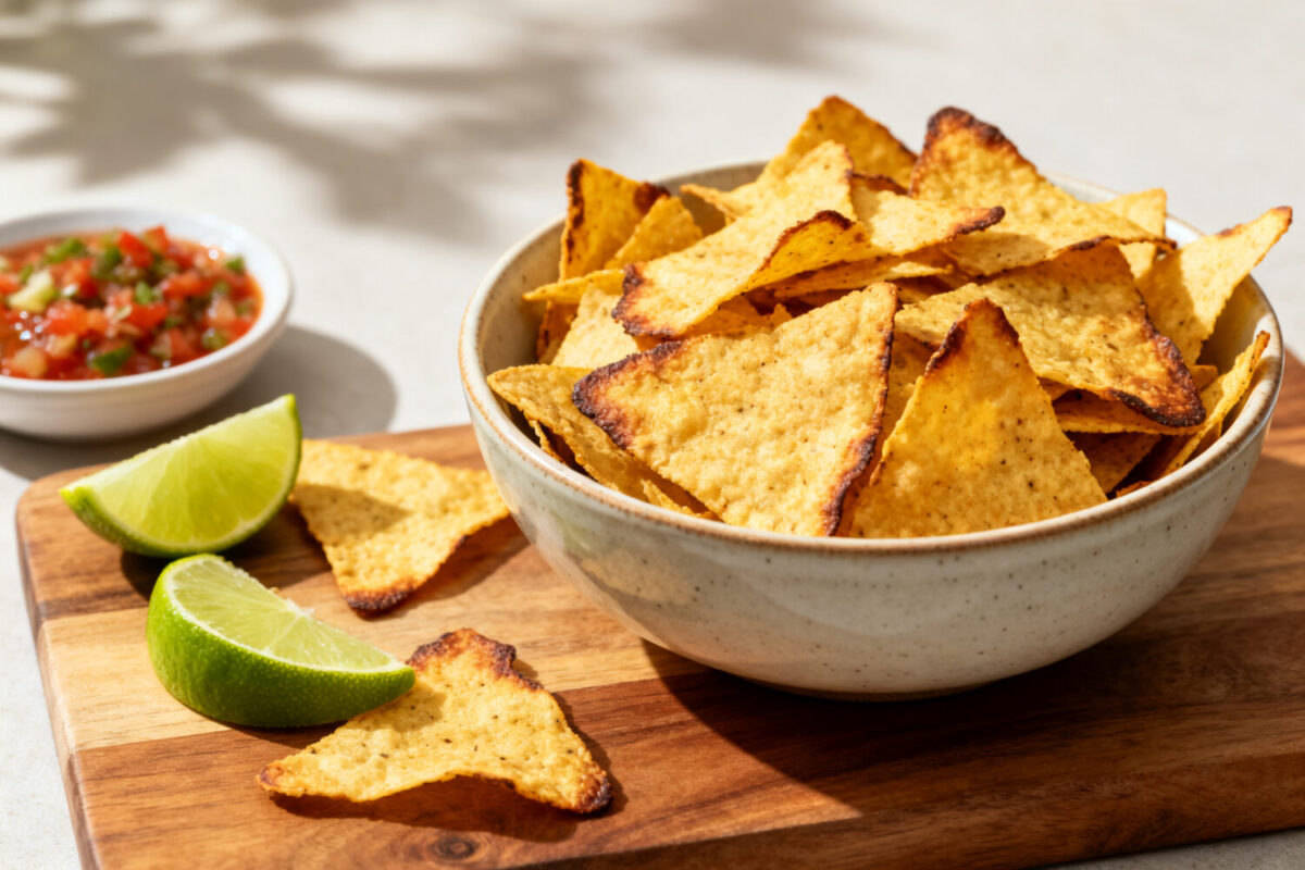 Air fryer low carb tortilla chips with crispy golden tortilla triangles, lime wedges, and fresh salsa, served as a crunchy keto friendly snack or appetizer.