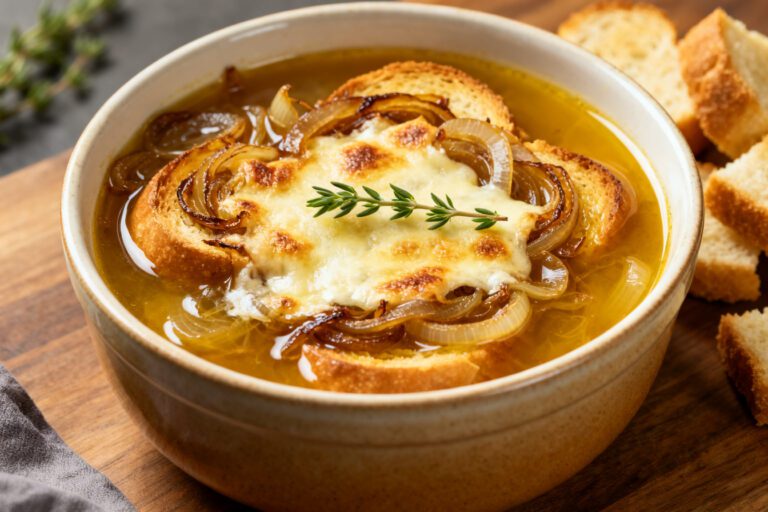 Air fryer French onion soup with rich caramelized onions in savory broth, toasted bread, bubbly melted cheese, and fresh thyme, served as a cozy comfort food meal.