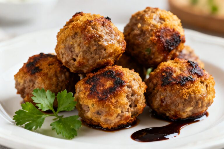 Air fryer beef meatballs with juicy browned beef meatballs, caramelized crispy edges, fresh parsley garnish, and rich pan juices, served as an easy weeknight dinner or appetizer.