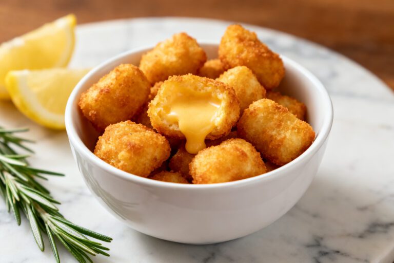 Air fryer keto cheese curds with a crispy golden low carb coating, gooey melted cheese centers, fresh rosemary, and lemon wedges, served as a crunchy keto friendly appetizer or snack.