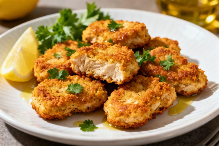 Air fryer low carb chicken nuggets with a crispy golden keto friendly coating, juicy tender chicken inside, fresh parsley garnish, lemon wedges, and olive oil, served as a high protein snack or meal.