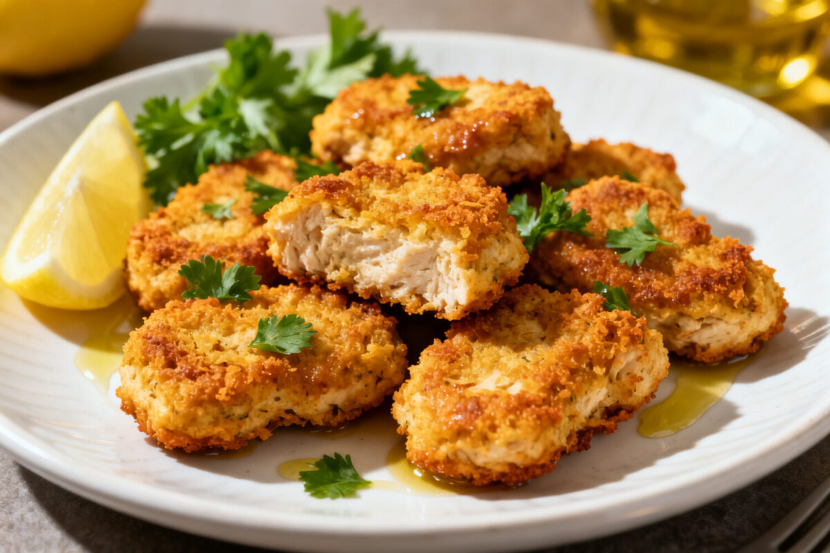 Air fryer low carb chicken nuggets with a crispy golden keto friendly coating, juicy tender chicken inside, fresh parsley garnish, lemon wedges, and olive oil, served as a high protein snack or meal.