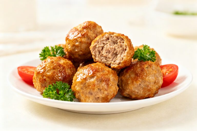 Air fryer pork meatballs with juicy browned pork meatballs, tender interior, fresh parsley garnish, and cherry tomatoes, served as an easy family friendly appetizer or weeknight dinner.
