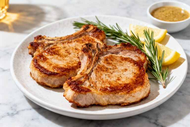 Air fryer keto boneless pork chops with juicy golden browned pork chops, fresh rosemary sprigs, lemon wedges, and a creamy mustard sauce, served as a flavorful low carb dinner.