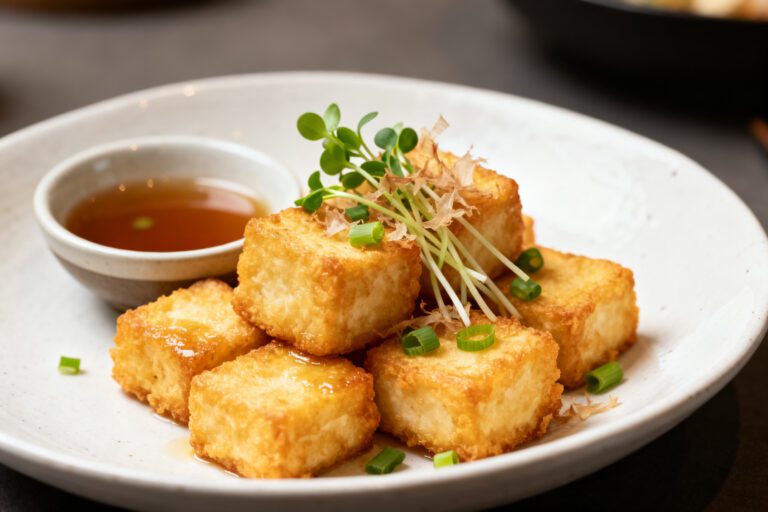 Air fryer agedashi tofu with crispy golden tofu cubes, savory dipping broth, fresh microgreens, sliced green onions, and bonito flakes, served as a light Japanese inspired appetizer.