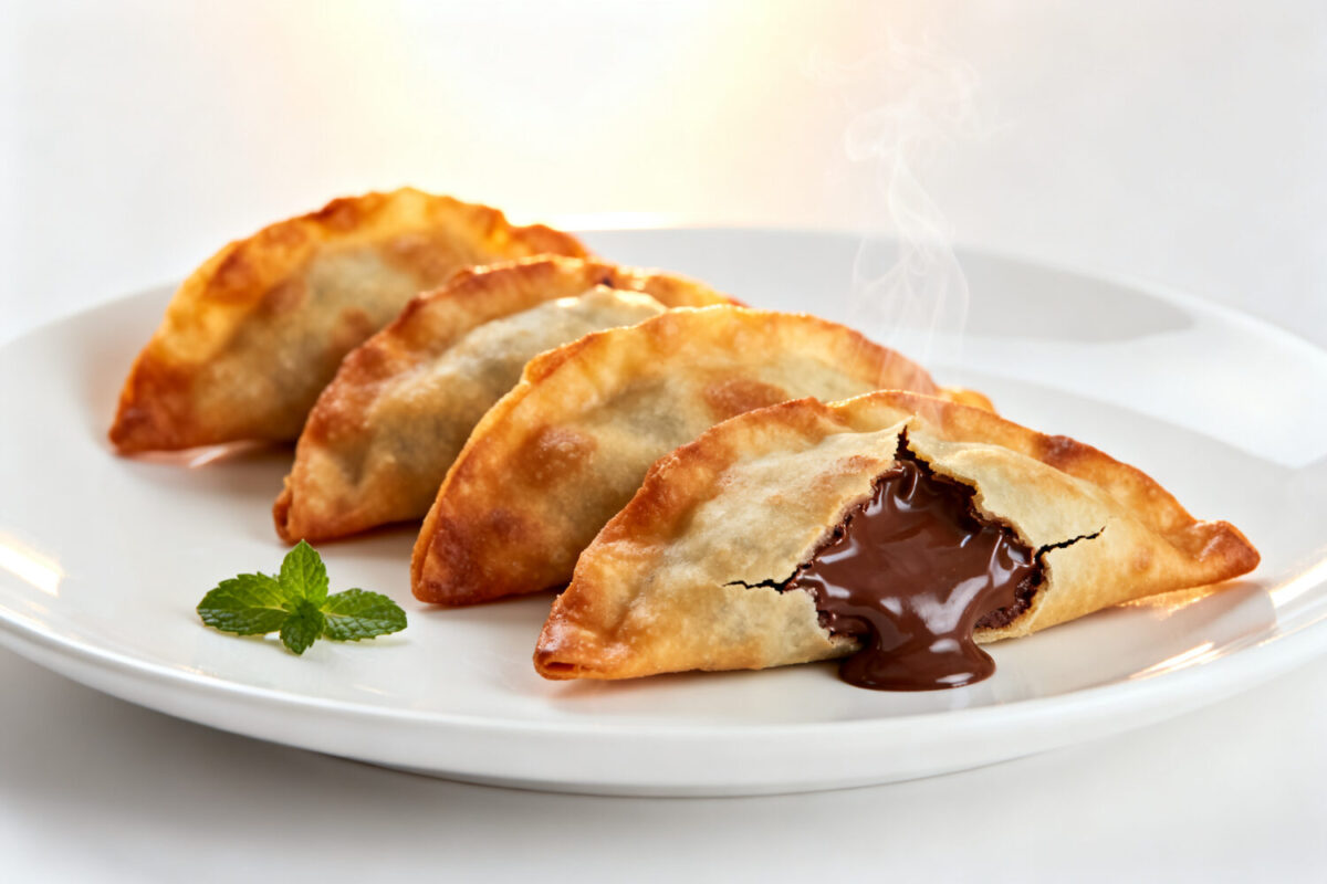 Air fryer Nutella wontons with crispy golden wonton wrappers, warm gooey chocolate hazelnut filling, fresh mint garnish, and light steam, served as an easy dessert.