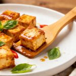 Air fryer marinated tofu with crispy golden tofu cubes, savory marinade glaze, fresh basil leaves, sliced red chili peppers, and a drizzle of sauce, served as an easy high protein vegetarian meal.