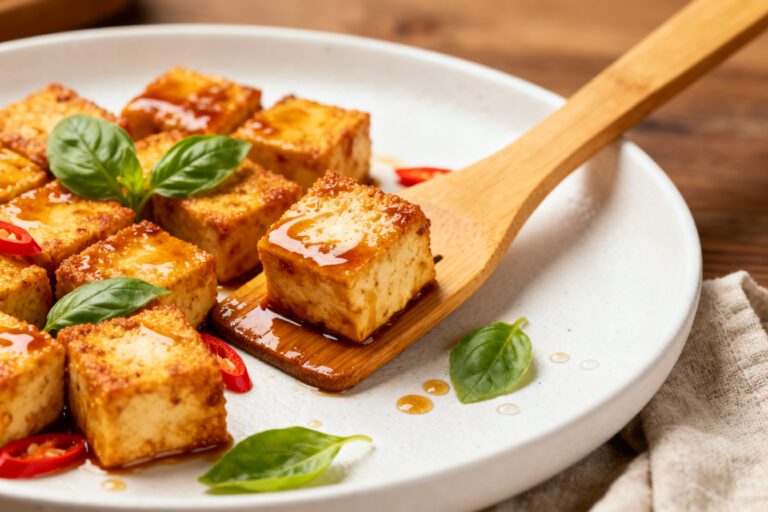 Air fryer marinated tofu with crispy golden tofu cubes, savory marinade glaze, fresh basil leaves, sliced red chili peppers, and a drizzle of sauce, served as an easy high protein vegetarian meal.