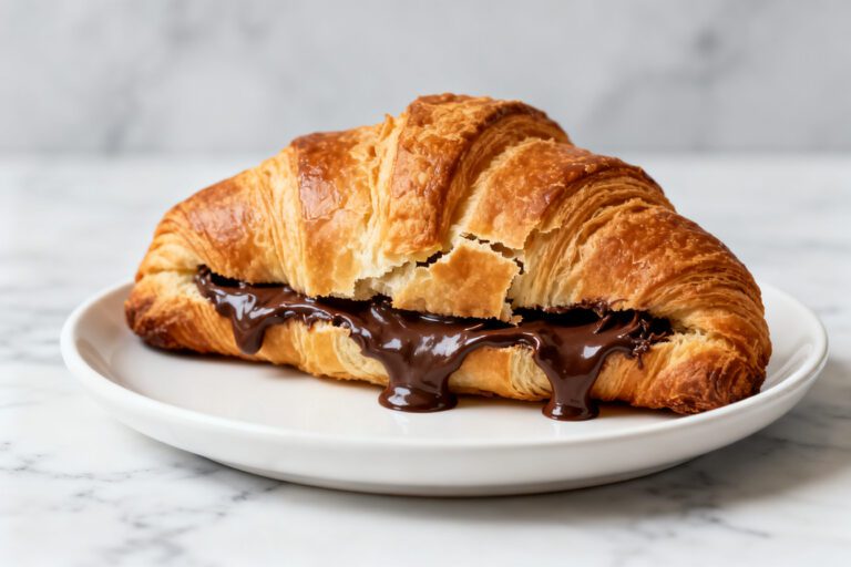 Air fryer Nutella croissant with flaky golden pastry, warm gooey chocolate hazelnut filling, and crisp buttery layers, served as an easy breakfast pastry or indulgent dessert.
