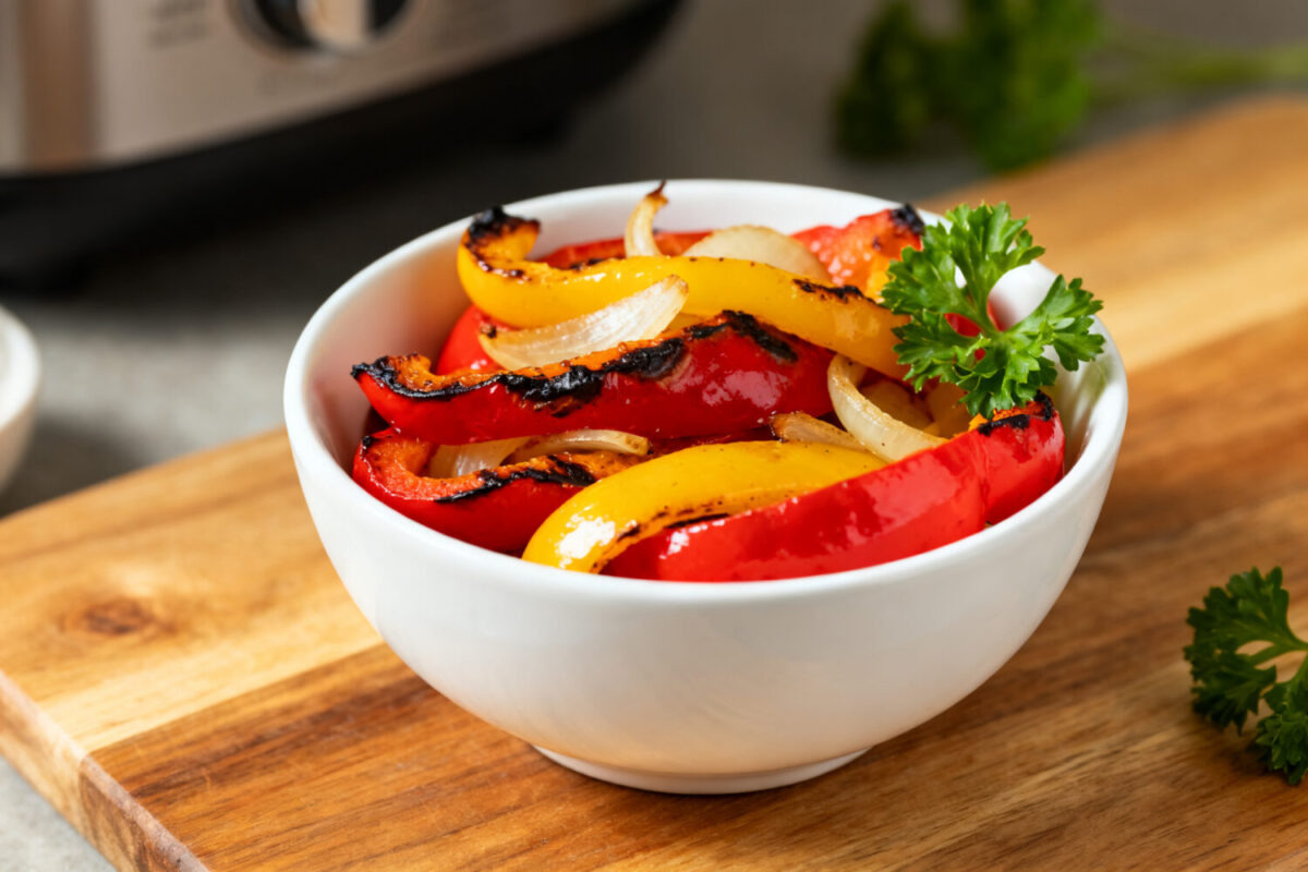 Air fryer bell peppers and onions with tender roasted red, yellow, and orange bell peppers, sweet caramelized onions, and fresh parsley, served as a quick and flavorful vegetable side dish.