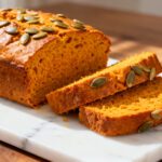 Air fryer pumpkin bread with a moist golden loaf, tender pumpkin bread slices, crunchy pumpkin seeds, and warm fall spices, served as a cozy homemade breakfast or snack.
