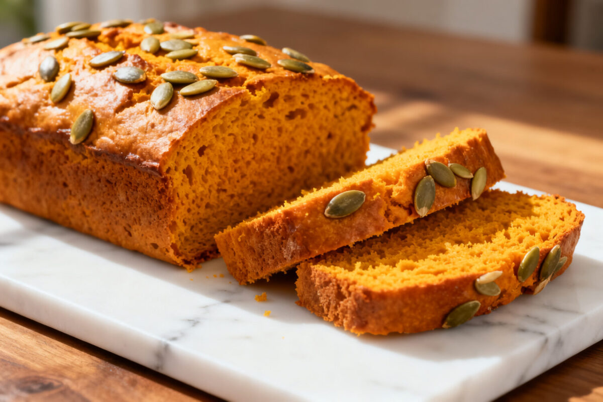 Air fryer pumpkin bread with a moist golden loaf, tender pumpkin bread slices, crunchy pumpkin seeds, and warm fall spices, served as a cozy homemade breakfast or snack.