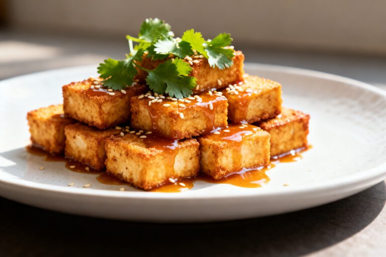 Air fryer bang bang tofu with crispy golden tofu cubes, creamy sweet and spicy bang bang sauce, sesame seeds, and fresh cilantro, served as an easy high protein vegetarian dinner.