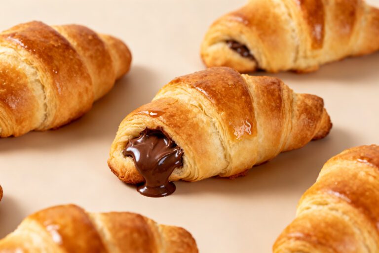 Air fryer Nutella crescent rolls with flaky golden pastry, warm gooey chocolate hazelnut filling, and buttery crisp layers, served as an easy dessert or sweet breakfast treat.