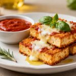 Air fryer tofu parmesan with crispy breaded tofu, melted mozzarella cheese, marinara sauce, fresh basil, and rosemary, served as an easy vegetarian Italian inspired dinner.