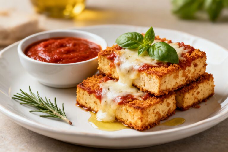 Air fryer tofu parmesan with crispy breaded tofu, melted mozzarella cheese, marinara sauce, fresh basil, and rosemary, served as an easy vegetarian Italian inspired dinner.
