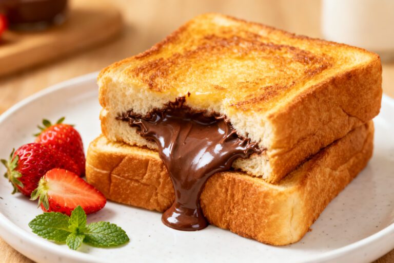 Air fryer Nutella bread with golden toasted bread, warm gooey chocolate hazelnut filling, and fresh strawberries, served as an easy sweet breakfast or dessert.