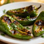Air fryer roasted poblano peppers with blistered charred skins, tender roasted flesh, fresh cilantro, and smoky flavor, served as a flavorful side dish or ingredient for Mexican inspired recipes.