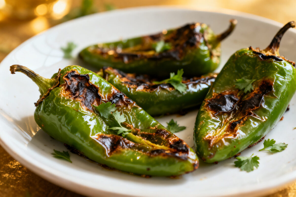 Air fryer roasted poblano peppers with blistered charred skins, tender roasted flesh, fresh cilantro, and smoky flavor, served as a flavorful side dish or ingredient for Mexican inspired recipes.