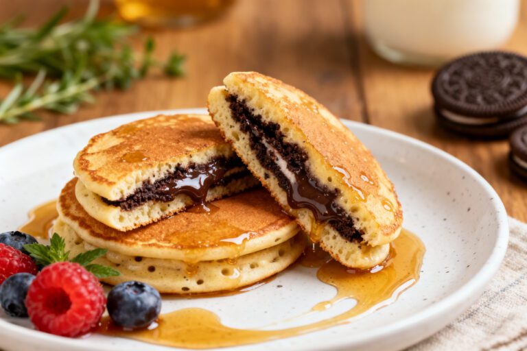 Air fryer Oreos with pancake batter featuring golden fluffy pancakes filled with chocolate sandwich cookies, warm melted chocolate cream, maple syrup, and fresh berries, served as a fun homemade dessert.