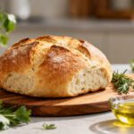 Air fryer no knead bread with a rustic golden crust, soft airy crumb, fresh rosemary, and olive oil, served as an easy homemade artisan bread.