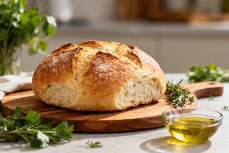 Air fryer no knead bread with a rustic golden crust, soft airy crumb, fresh rosemary, and olive oil, served as an easy homemade artisan bread.