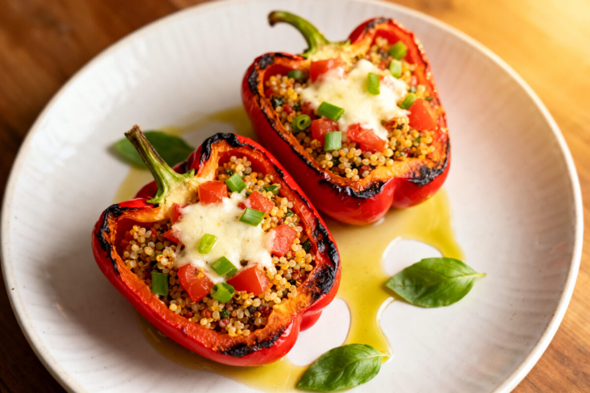 Air fryer vegetarian stuffed peppers with roasted red bell peppers filled with quinoa, tomatoes, melted cheese, fresh green onions, and basil, served as a healthy meatless dinner.