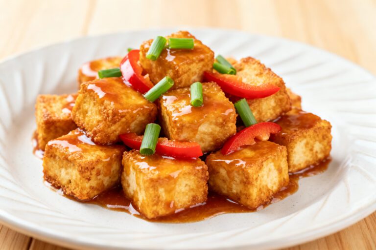 Air fryer sweet and sour tofu with crispy golden tofu cubes, glossy sweet and sour sauce, red bell peppers, and fresh green onions, served as a colorful vegetarian weeknight dinner.