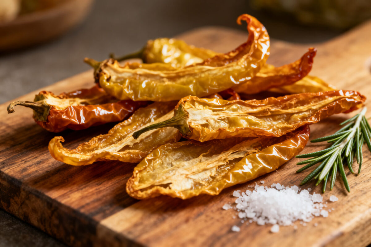 Air fryer dehydrated peppers with dried sweet pepper halves, wrinkled tender texture, fresh rosemary, and coarse salt, served as a homemade pantry staple for cooking and seasoning.