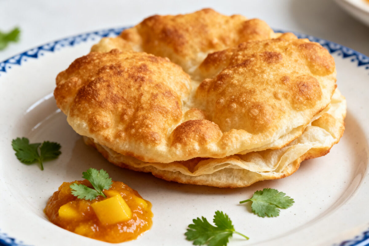 Air fryer easy Indian fry bread with golden puffy fried bread, crispy blistered exterior, soft fluffy interior, fresh cilantro, and mango chutney, served as a warm homemade side or snack.