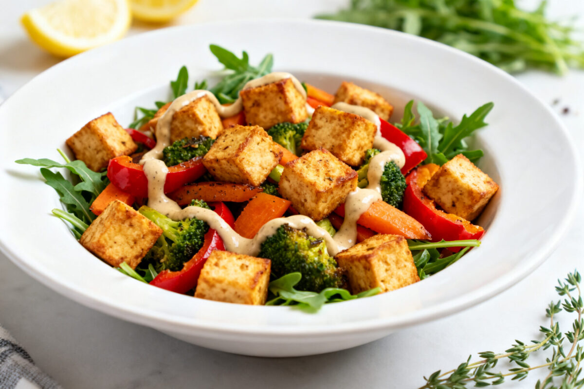 Air fryer tofu bowl with crispy golden tofu cubes, broccoli, roasted carrots, red bell peppers, fresh arugula, and a creamy drizzle, served as a healthy high protein vegetarian meal.