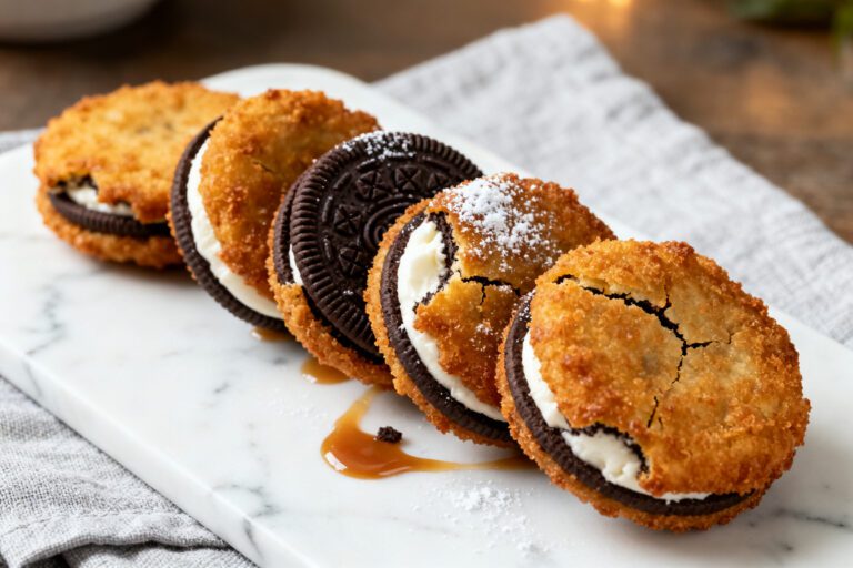Air fryer deep fried Oreos with crispy golden batter, chocolate sandwich cookies, sweet cream filling, powdered sugar, and caramel drizzle, served as a fun fair inspired dessert.