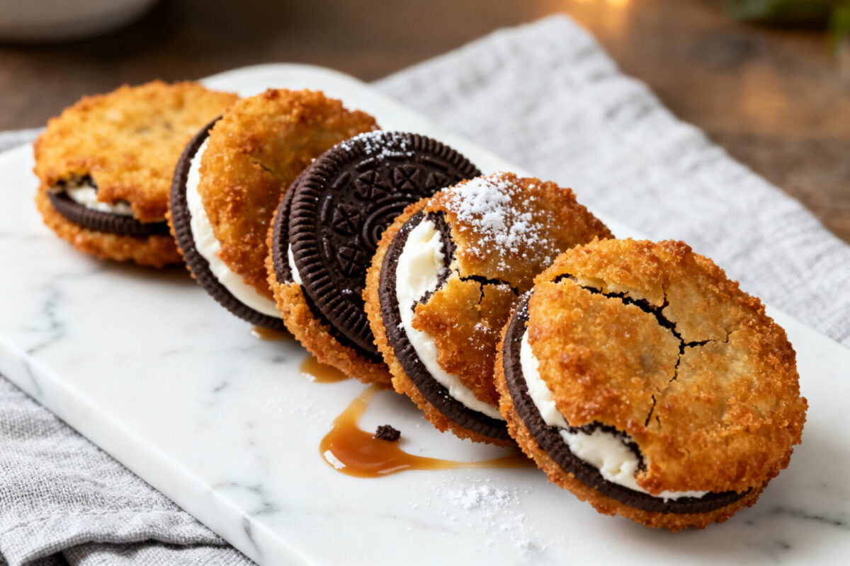 Air fryer deep fried Oreos with crispy golden batter, chocolate sandwich cookies, sweet cream filling, powdered sugar, and caramel drizzle, served as a fun fair inspired dessert.