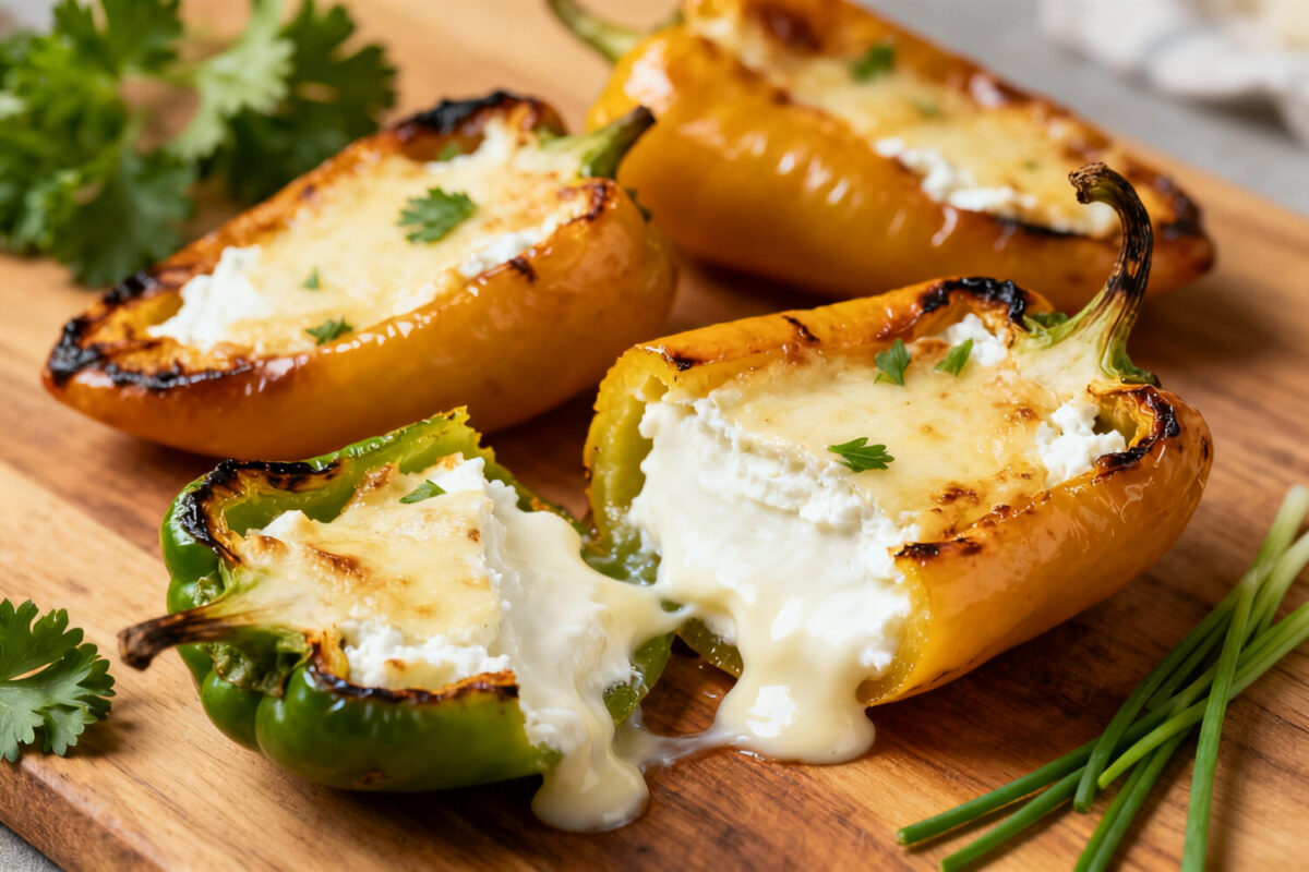 Air fryer cream cheese peppers with roasted sweet mini peppers stuffed with creamy melted cream cheese, lightly browned tops, and fresh parsley, served as an easy appetizer or snack.