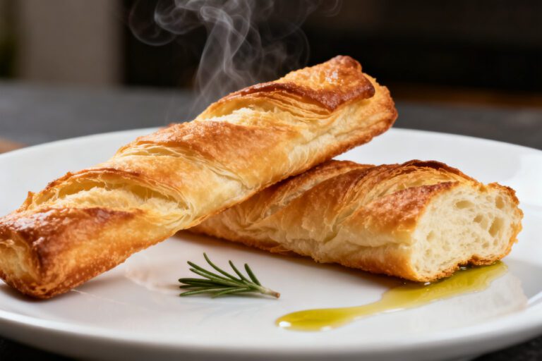 Air fryer breadsticks with flaky golden buttery breadsticks, soft airy layers, fresh rosemary, olive oil, and steam rising, served as a warm homemade side.