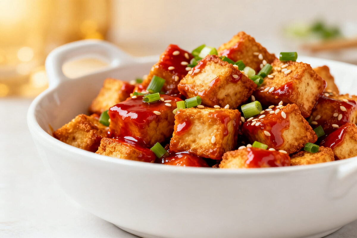 Air fryer General Tso tofu with crispy golden tofu cubes coated in a glossy sweet and spicy sauce, topped with sesame seeds and green onions, served as a flavorful vegetarian weeknight dinner.