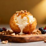 Air fryer ice cream balls with a crispy golden coating, creamy vanilla ice cream center, caramel drizzle, chopped nuts, and fresh berries, served as a fun homemade dessert.