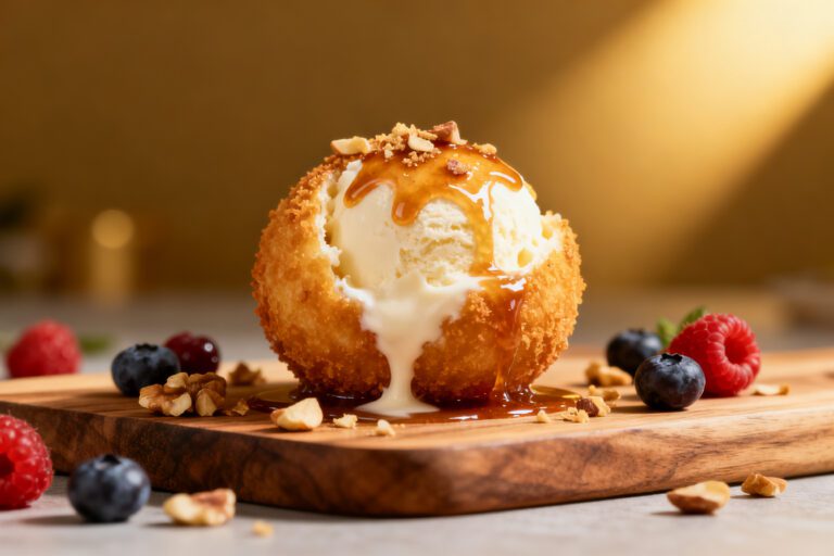 Air fryer ice cream balls with a crispy golden coating, creamy vanilla ice cream center, caramel drizzle, chopped nuts, and fresh berries, served as a fun homemade dessert.
