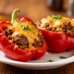 Air fryer beef stuffed peppers with tender roasted red bell peppers, seasoned ground beef, melted cheddar cheese, and fresh parsley, served as a hearty family friendly dinner.